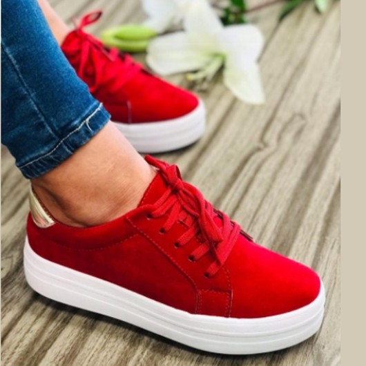 Red Lace Suede Tennis Shoes For Women